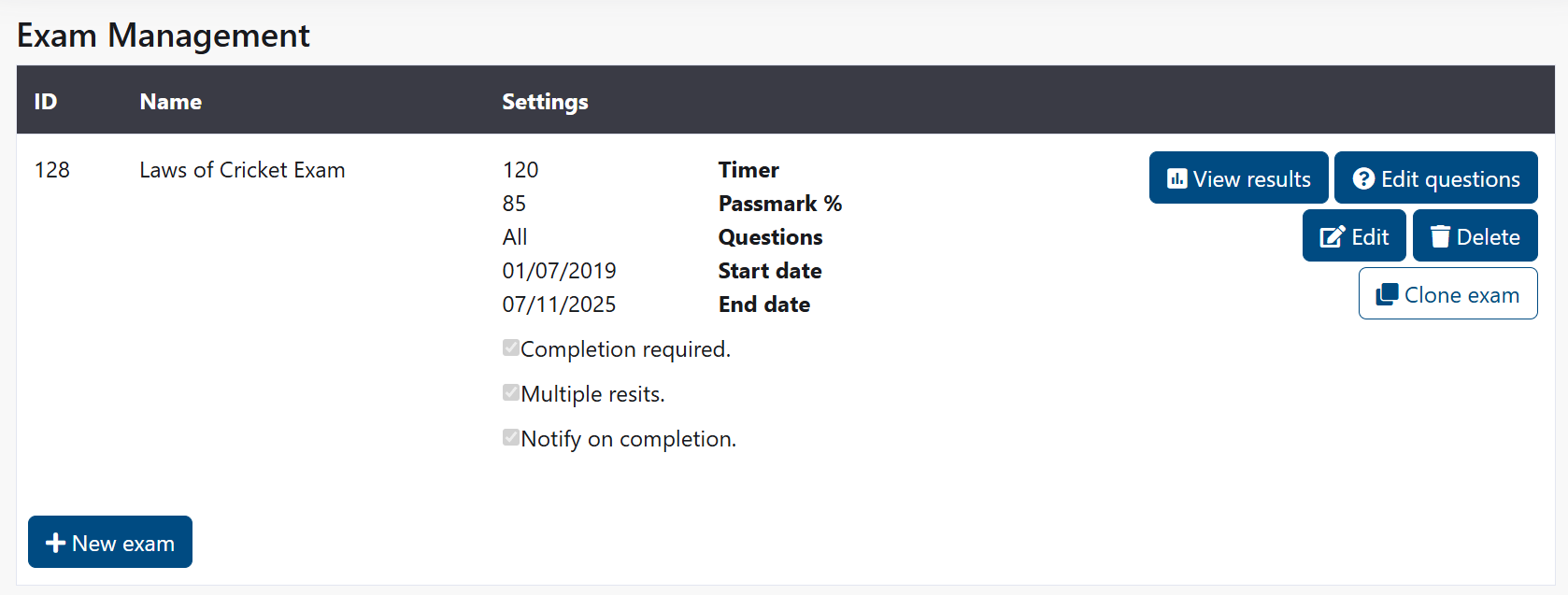 Exam Management Interface