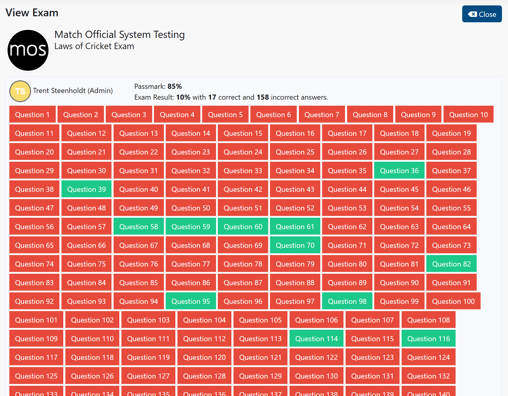 Detailed exam result view with feedback