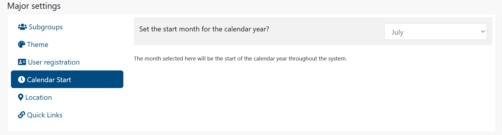 Calendar Start setting with month dropdown
