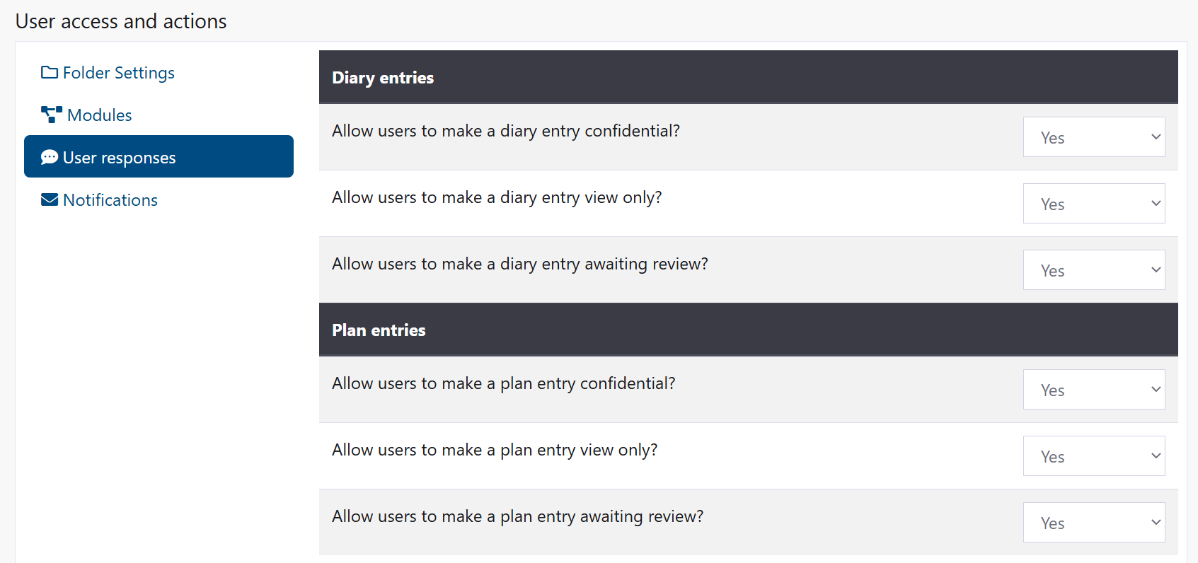 User response controls for diary and plan entries