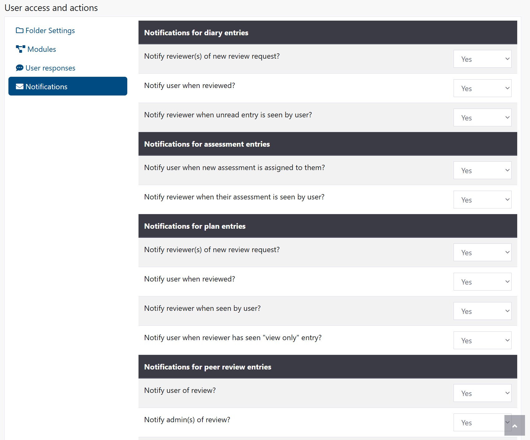 Notifications configuration showing diary, assessment, and plan options