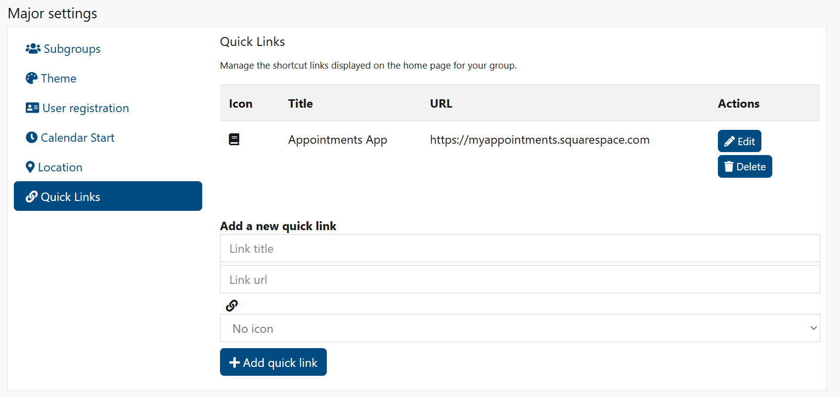 Quick Links management interface