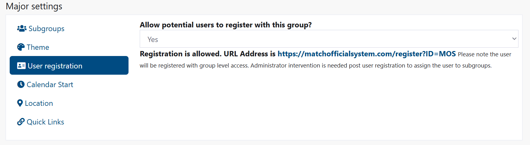 User Registration settings with enabled option