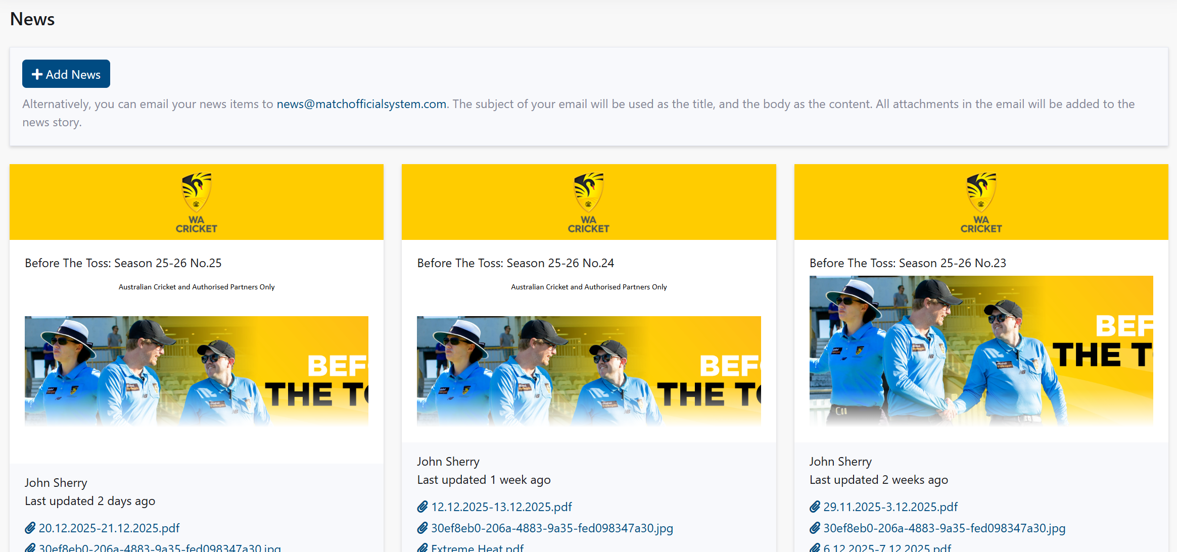 News page showing articles and announcements