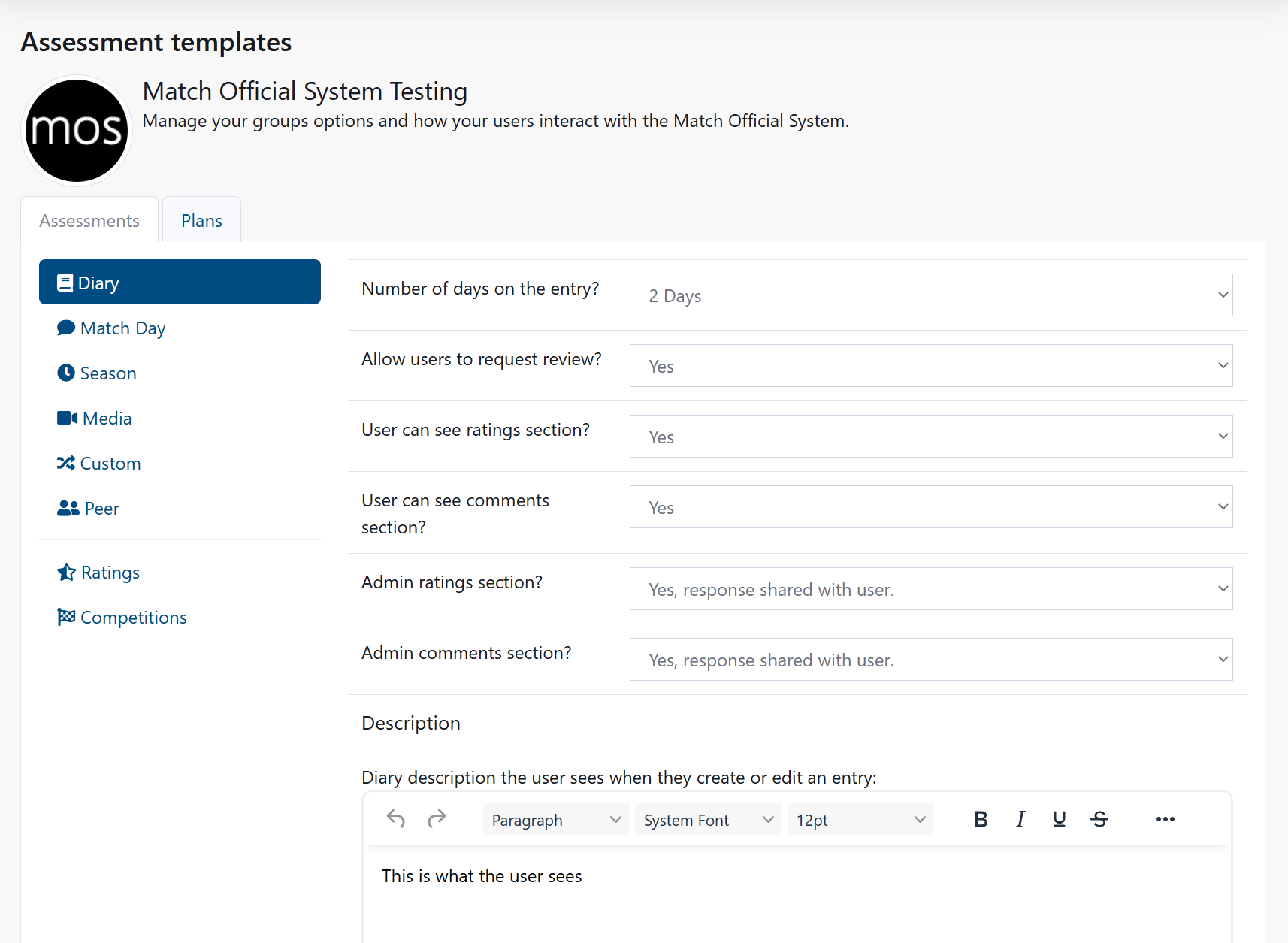 Diary template configuration page