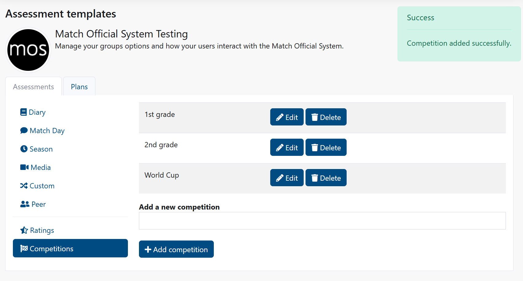 Competitions management page