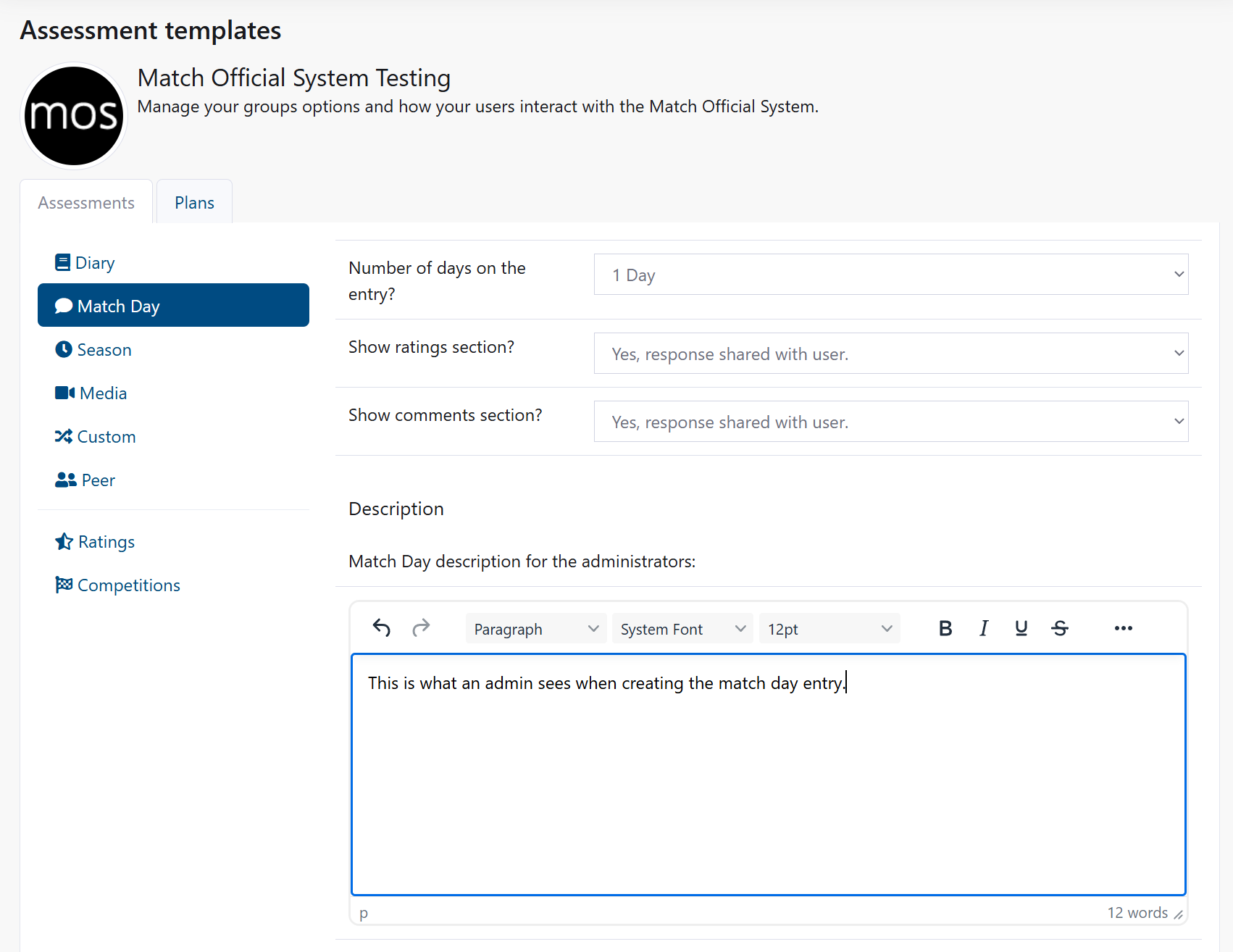 Match Day template configuration page