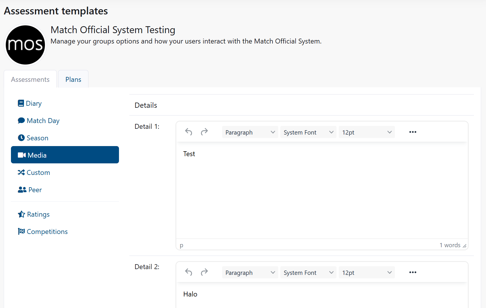 Media template configuration page