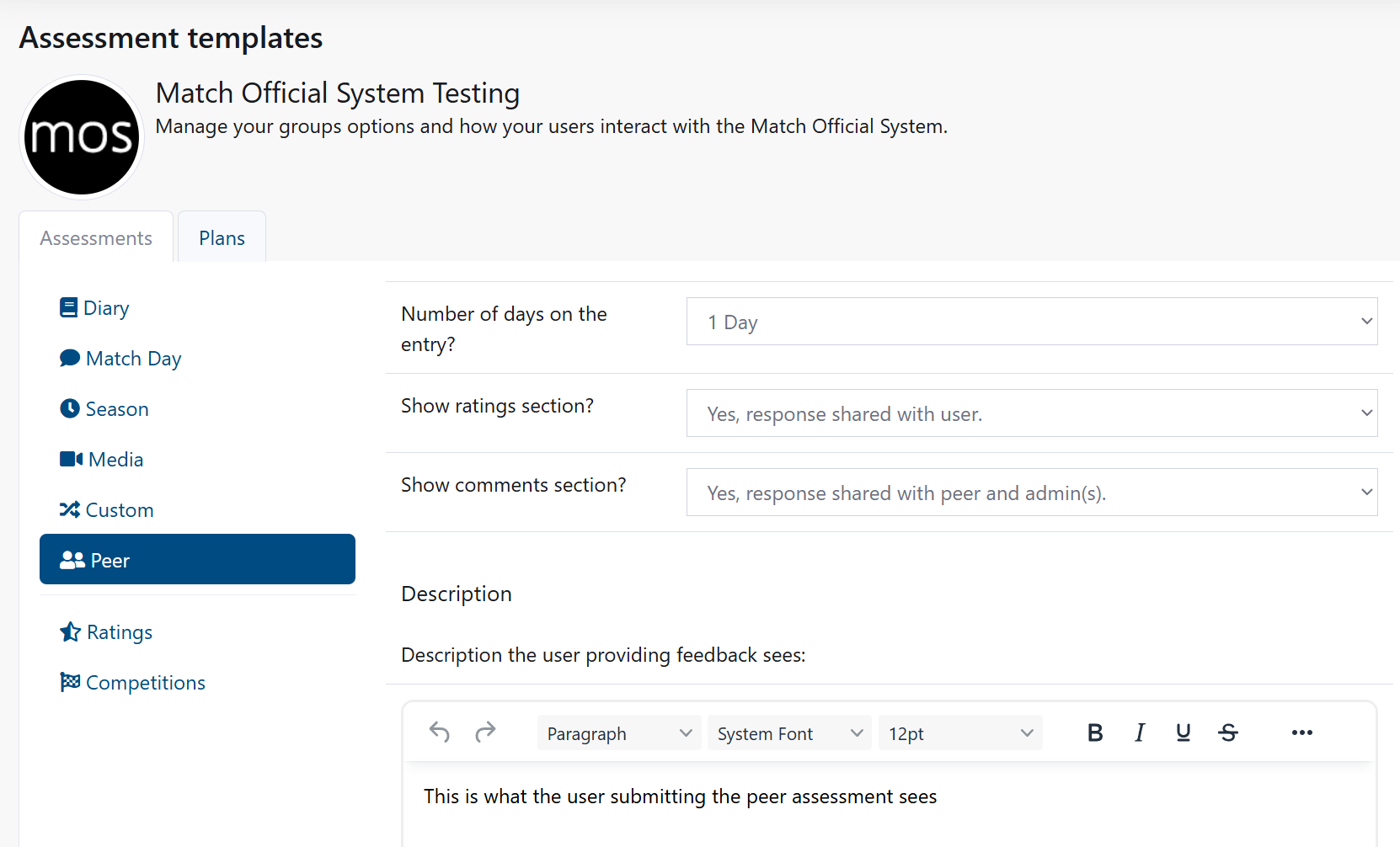 Peer template configuration page