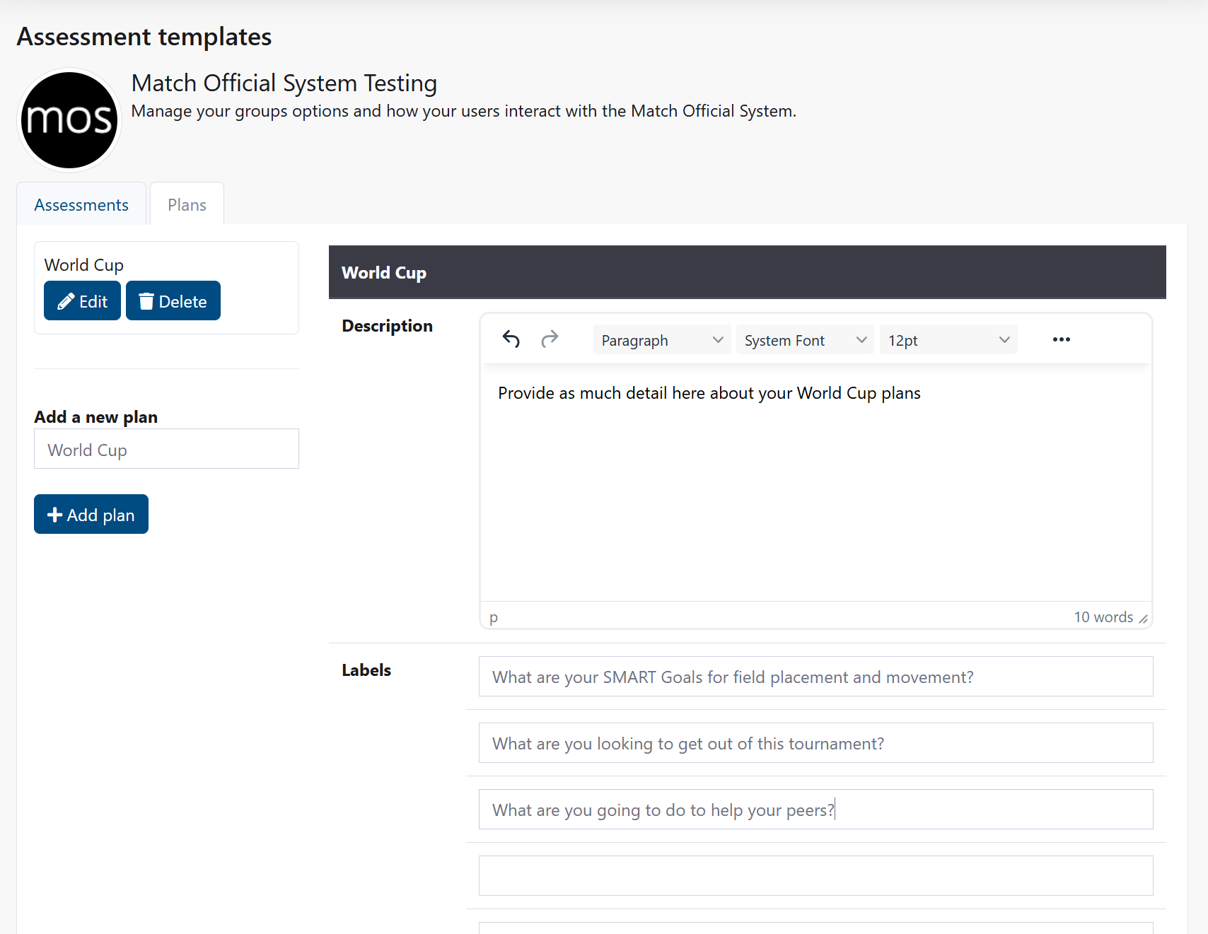 Plans template configuration page