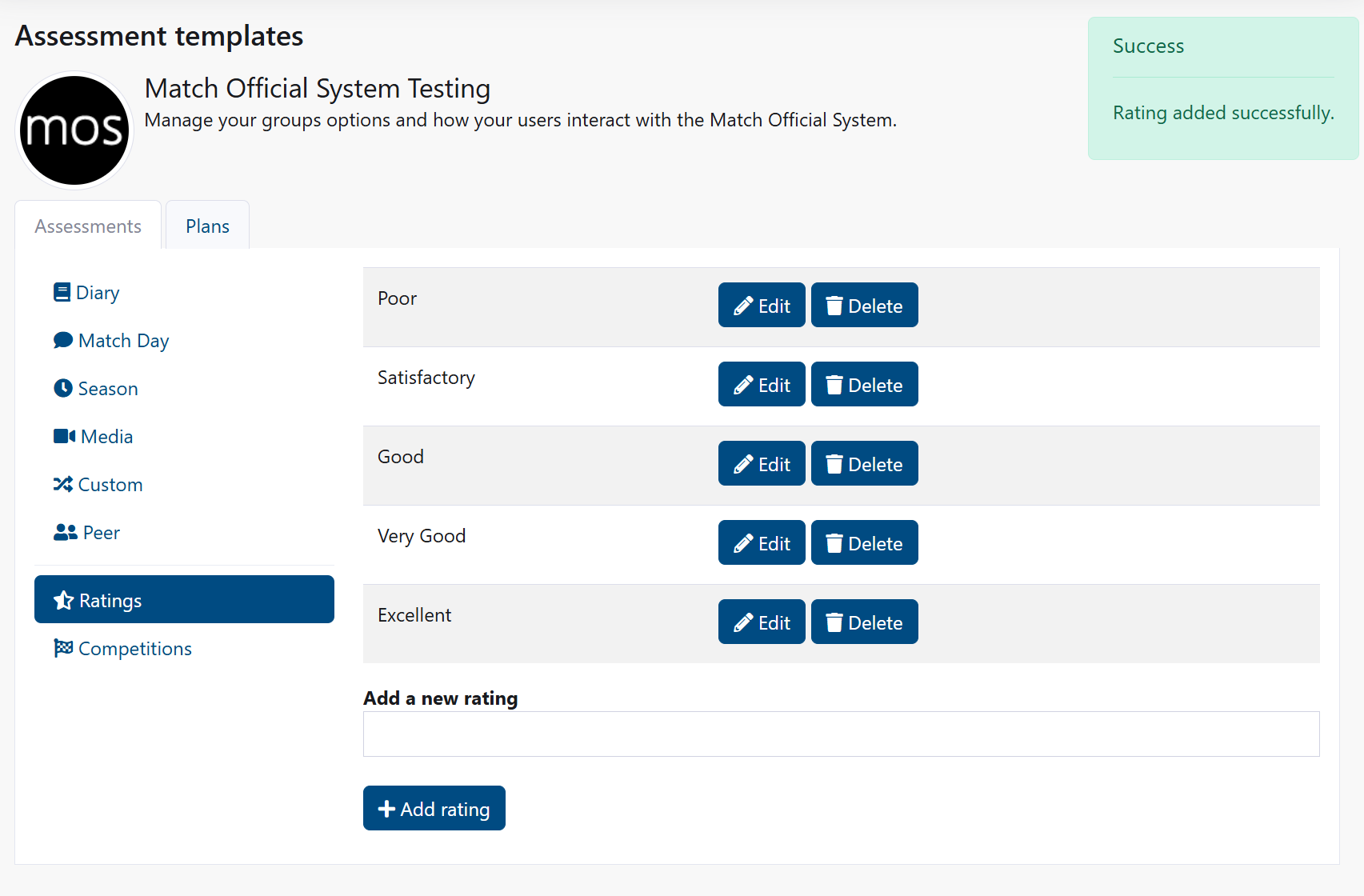 Rating scales management page