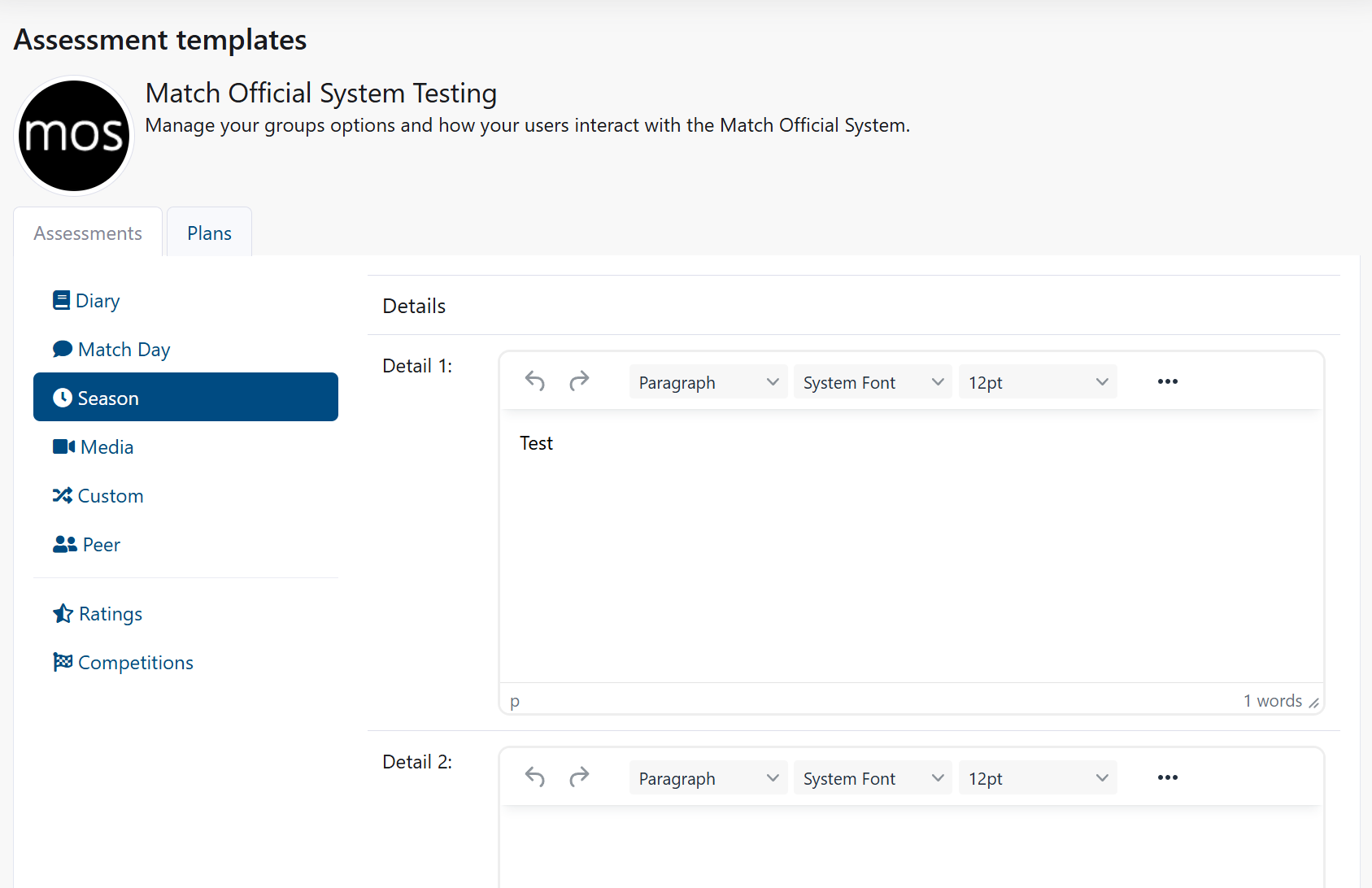 Season template configuration page